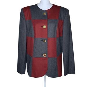 Harvé Benard Patchwork Blazer 12 Gray Burgundy Wool Gold Buttons Vintage 80s 90s